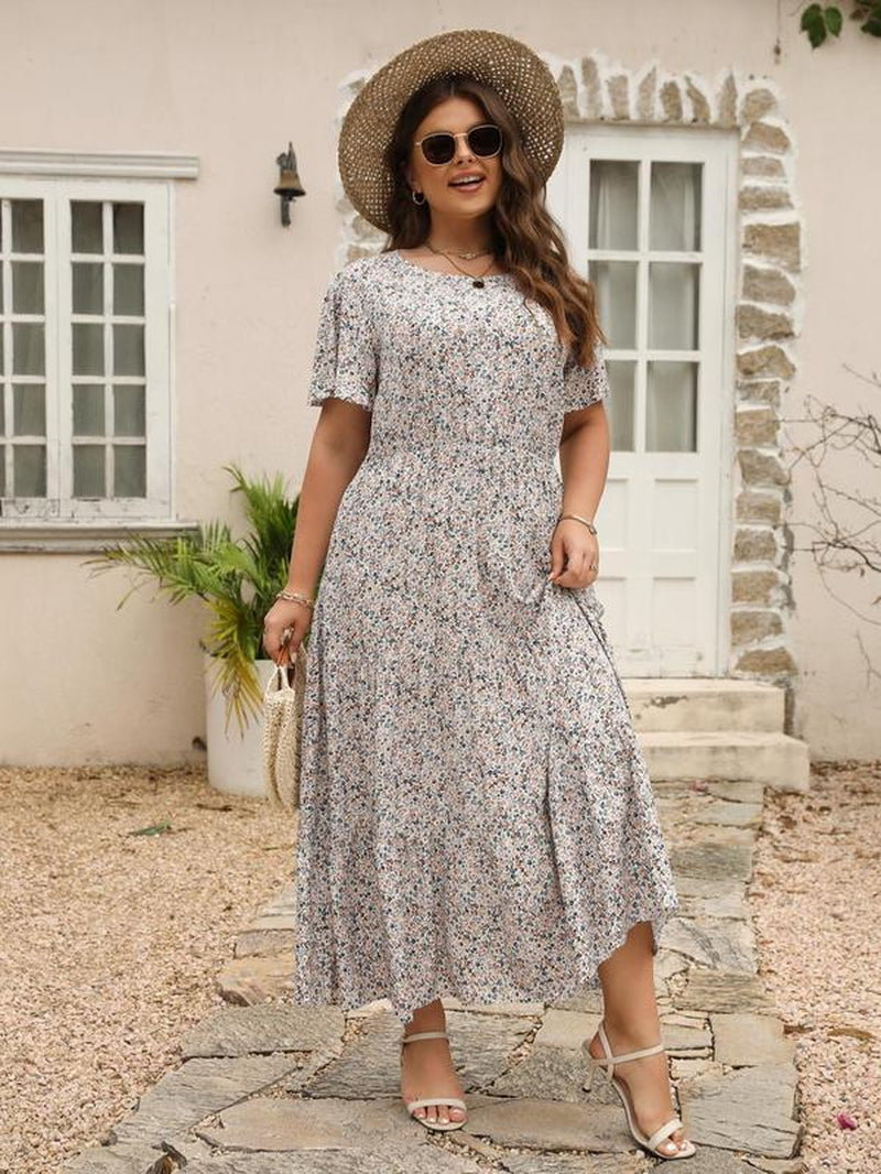Women'S Ditsy Floral Print a Line Dress, Boho Fashion Casual plus Size Short Sleeve Dress for Daily Wear, Women Clothing, Womenswear, Summer Boho Clothes Women